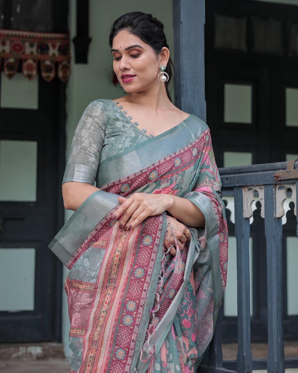Premium Multi-Color Ethnic Print Linen Cotton Saree