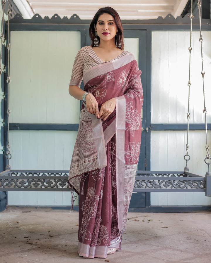 Premium Maroon Floral Linen Cotton Saree