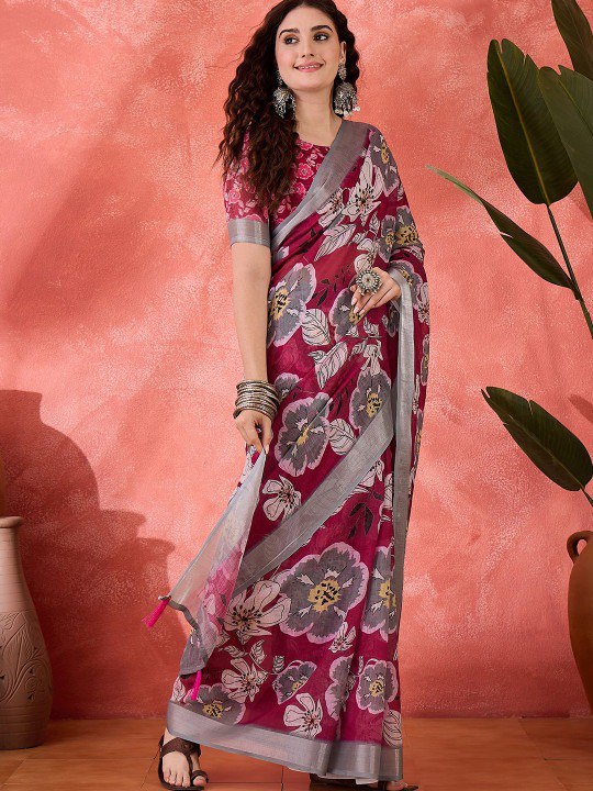 Bold Magenta Floral Digital Print Linen Cotton Saree