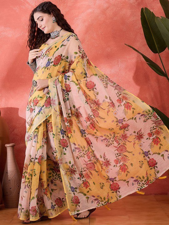 Summer Garden Floral Digital Print Linen Cotton Saree