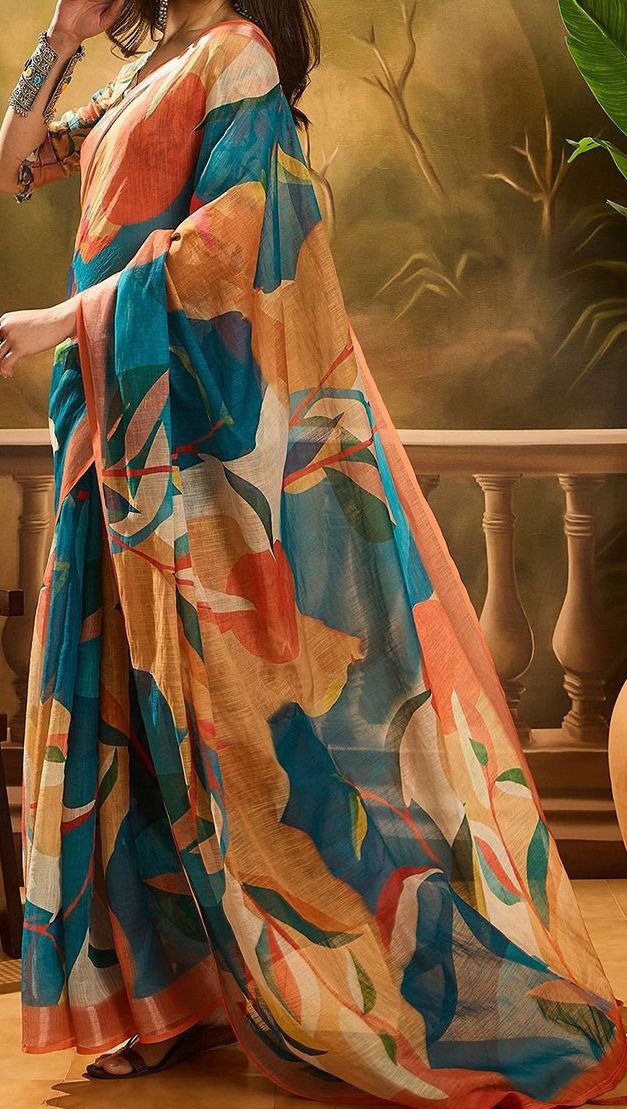 Painterly Abstract Digital Print Linen Cotton Saree