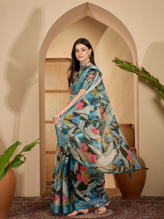 Contemporary Jungle Print Digital Print Linen Cotton Saree