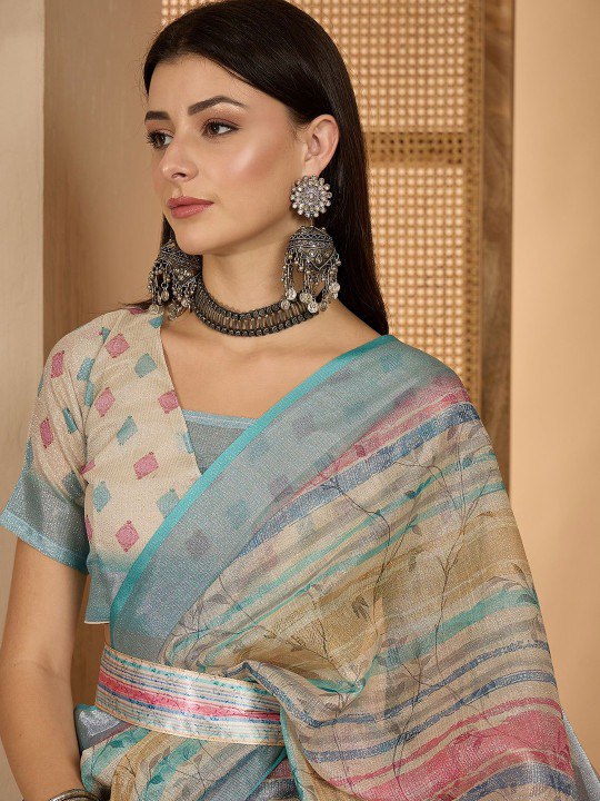 Earthy Abstract Digital Print Linen Cotton Saree