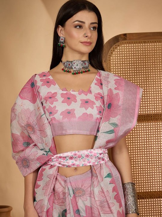 Bold Floral Digital Print Linen Cotton Saree