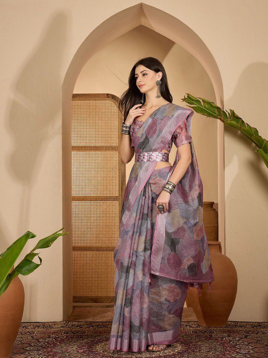 Lavender Leaf Digital Print Linen Cotton Saree
