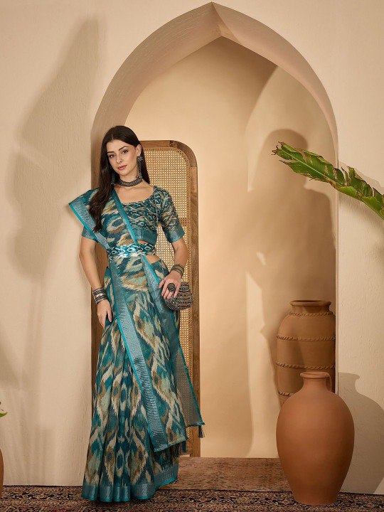 Soft Pink Floral Linen Cotton Saree