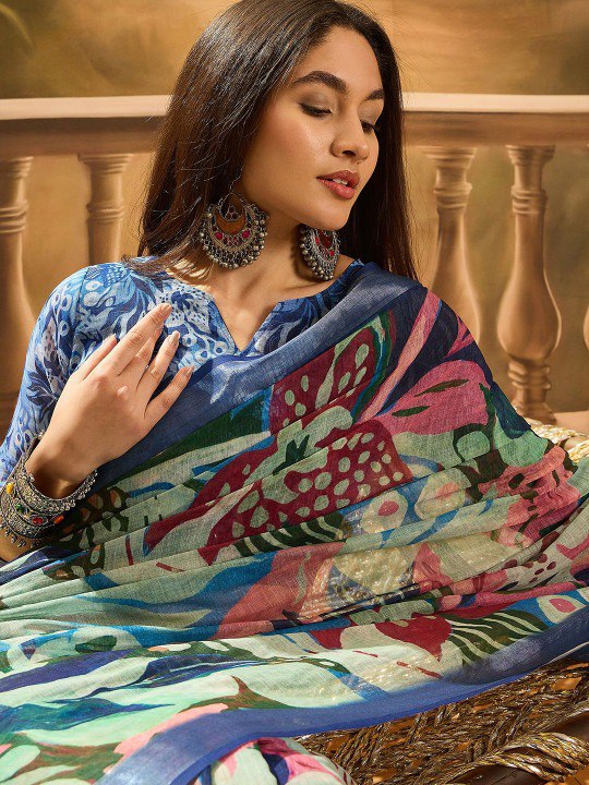 Elegant Blue Floral Digital Print Saree