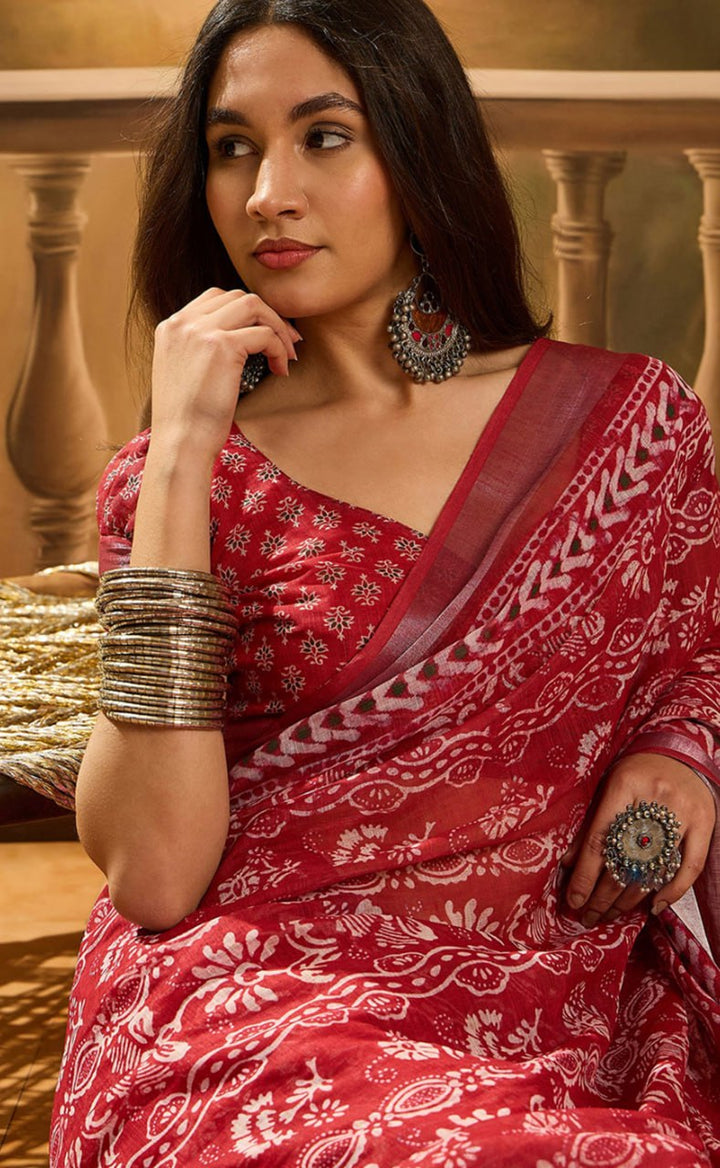 Linen Cotton - Crimson Block Saree