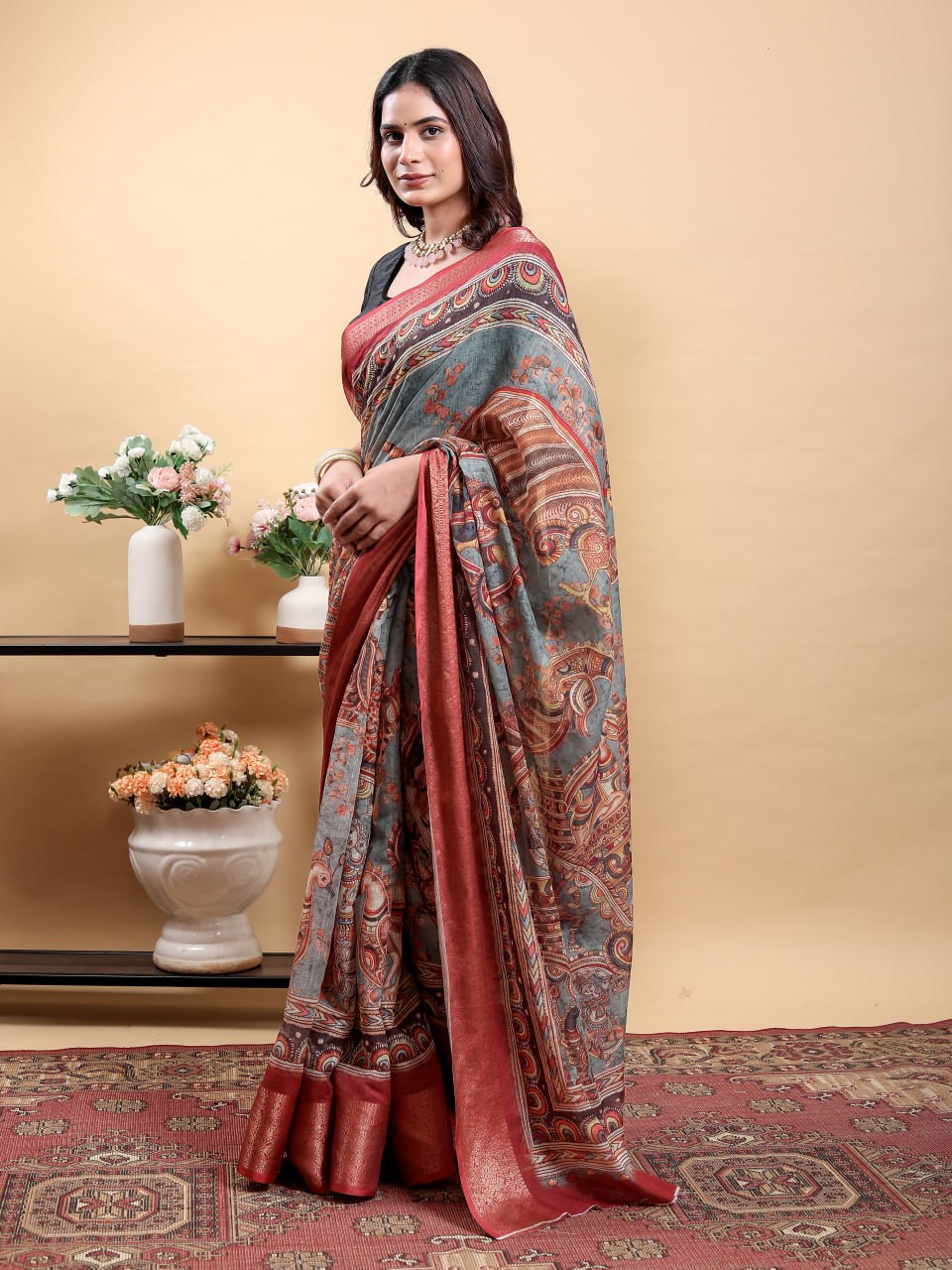 Artistic Grey Kalamkari Saree with Patola Print and Contrast Maroon Border