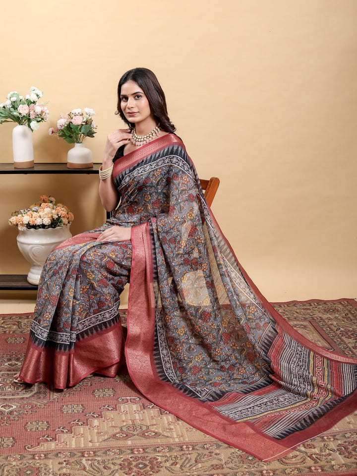 Elegant Grey Traditional Print Saree with Contrast Maroon Zari Border