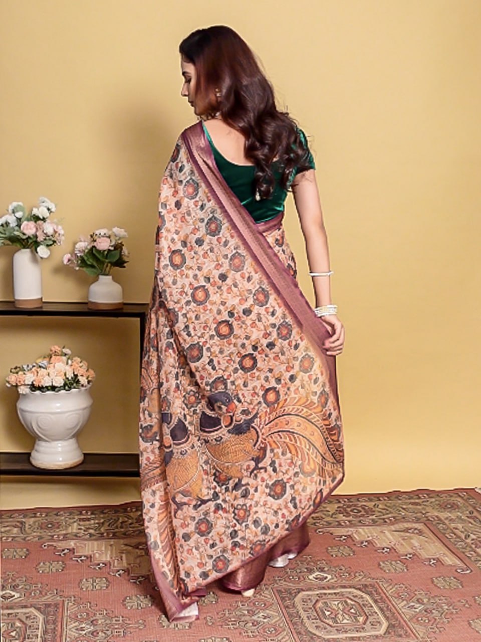 Elegant Peach/Beige Kalamkari Saree with Peacock Print and Maroon Border