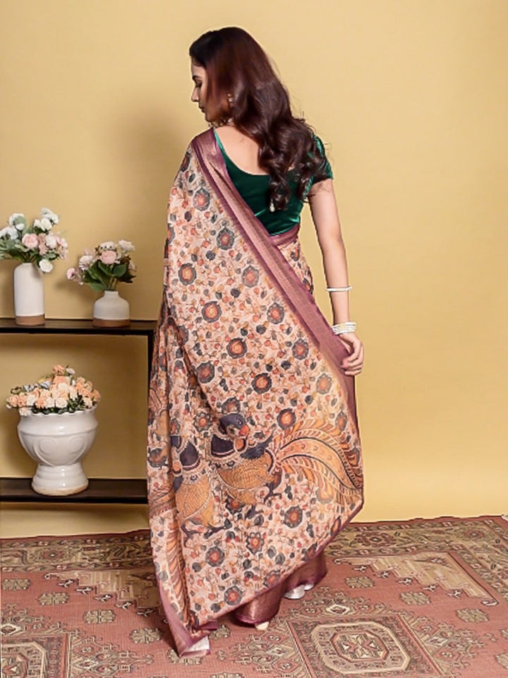Elegant Peach/Beige Kalamkari Saree with Peacock Print and Maroon Border