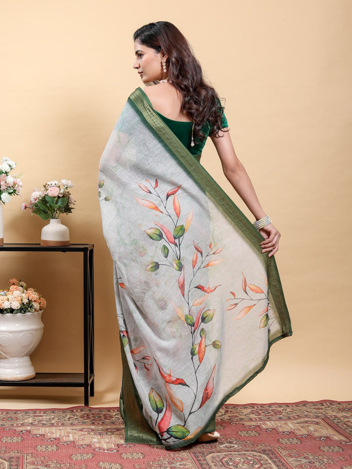 Elegant Light Grey Saree with Modern Floral Print and Zari Border