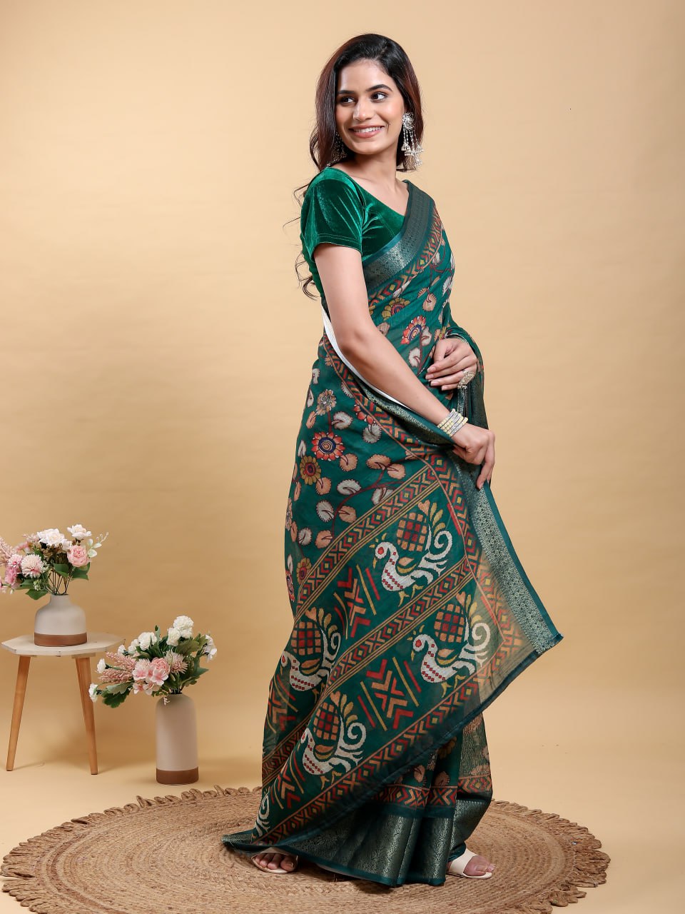 Elegant Forest Green Patola/Pochampally Print Saree with Zari Border