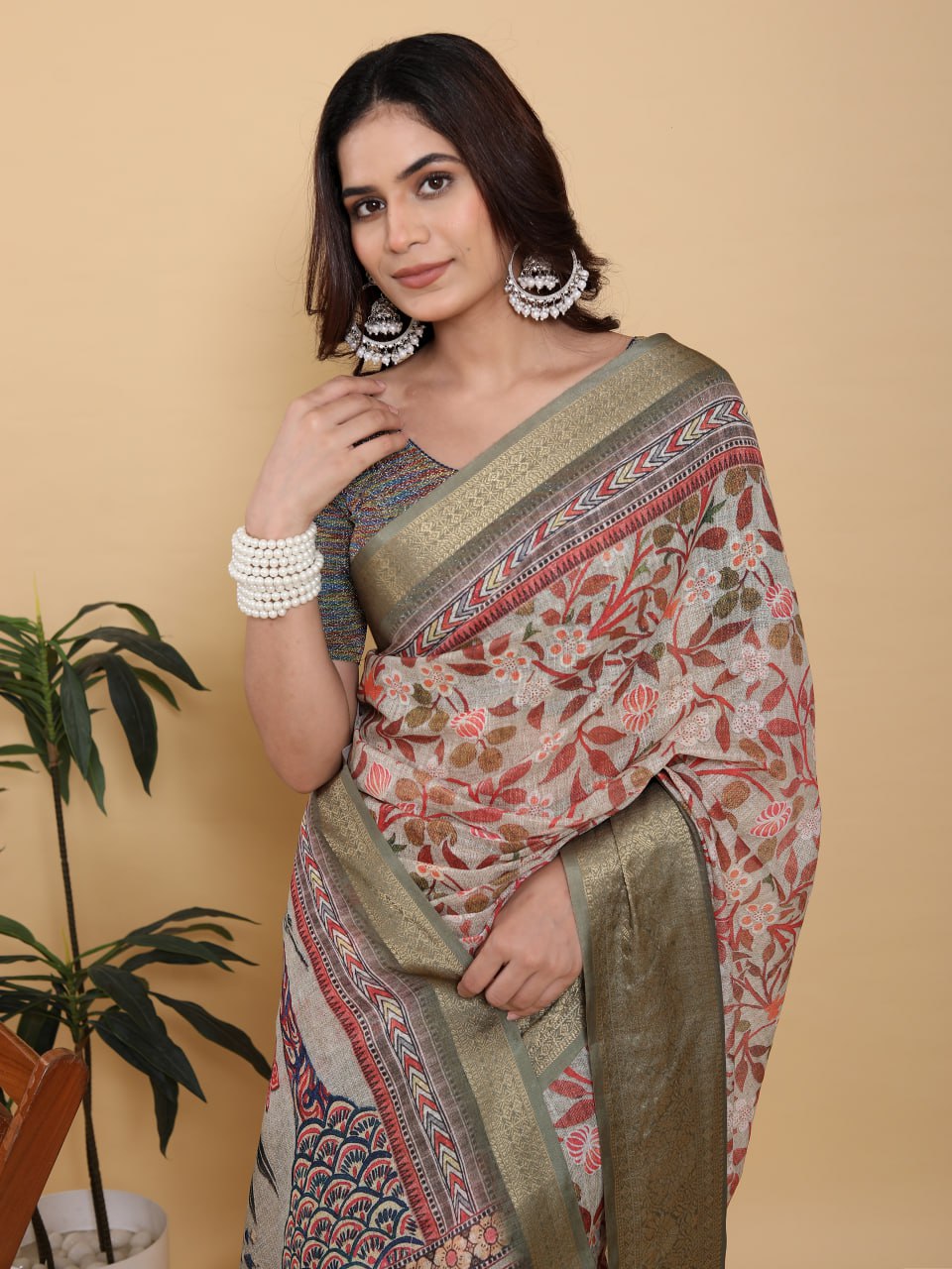 Elegant Beige Kalamkari Print Saree with Olive Green Zari Border