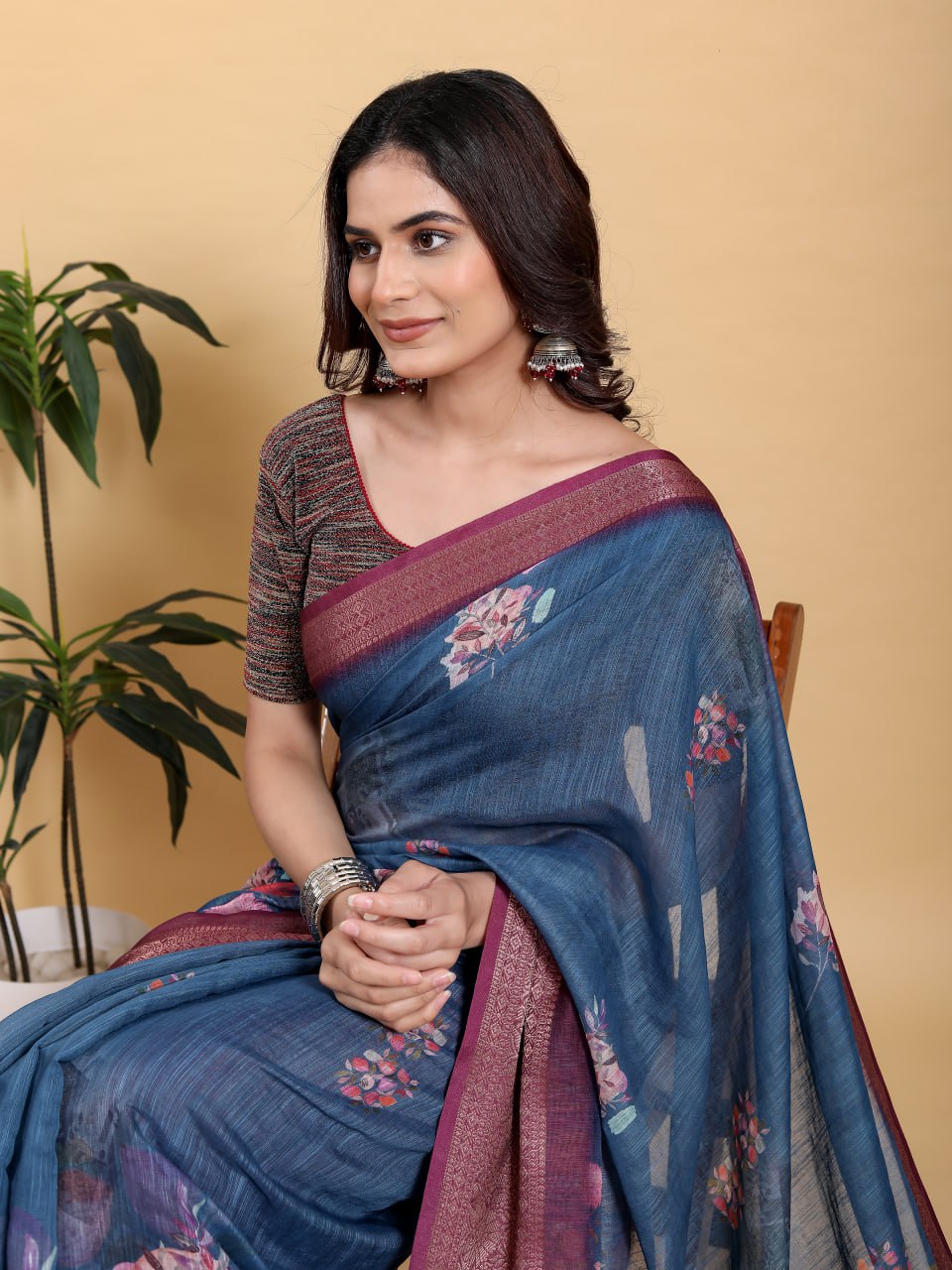 Elegant Teal Blue Floral Print Saree with Maroon Zari Border