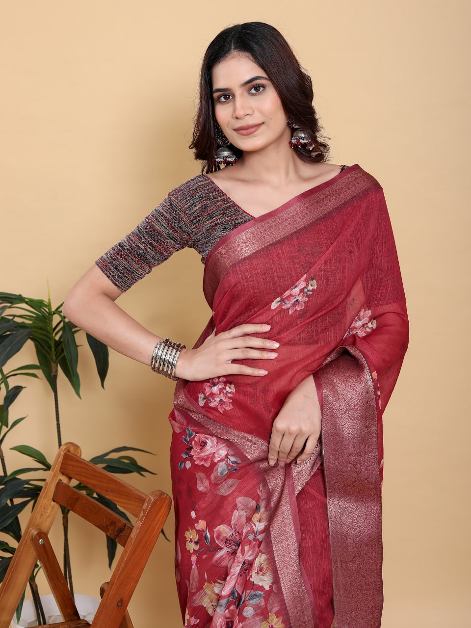 Rich Maroon Floral Print Saree with Metallic Zari Border
