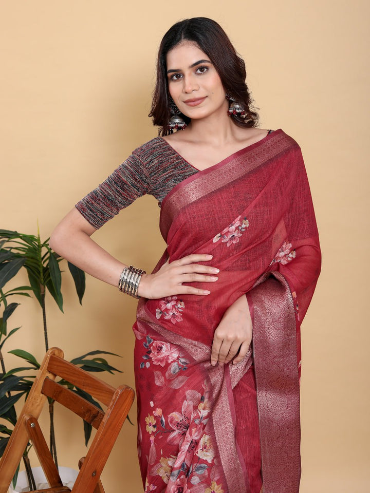 Rich Maroon Floral Print Saree with Metallic Zari Border