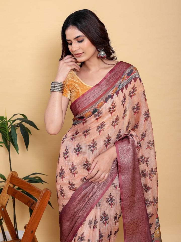 Elegant Peach/Coral Floral Print Saree with Maroon Zari Border