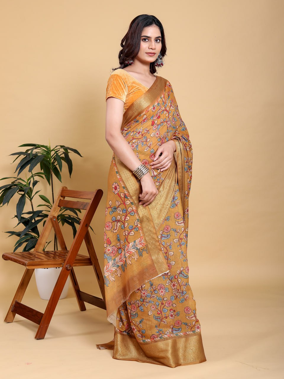 Elegant Mustard Yellow Floral Print Saree with Broad Zari Border