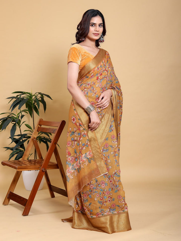Elegant Mustard Yellow Floral Print Saree with Broad Zari Border