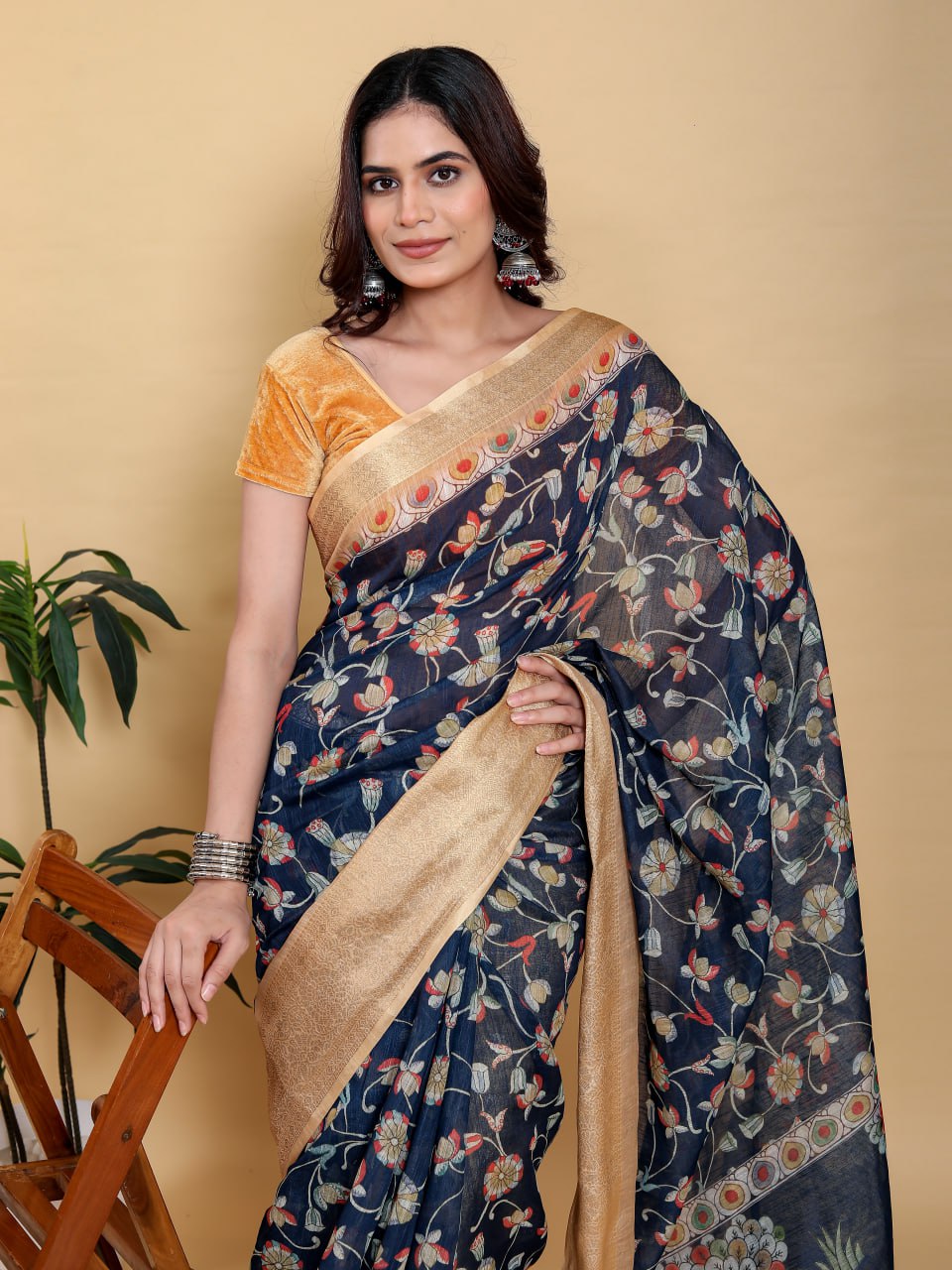 Elegant Navy Blue Floral Print Saree with Deer Motif and Zari Border