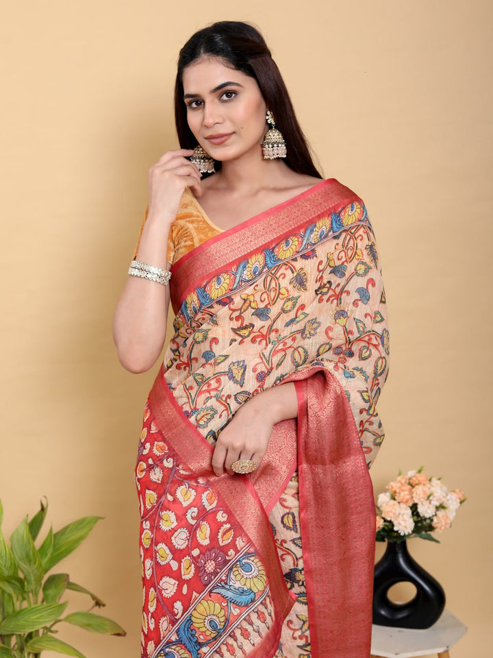 Artistic Kalamkari Print Linen Cotton Saree with Zari Border