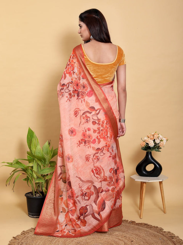 Peach Orange Floral Print Linen Cotton Saree Product Code: GG-618