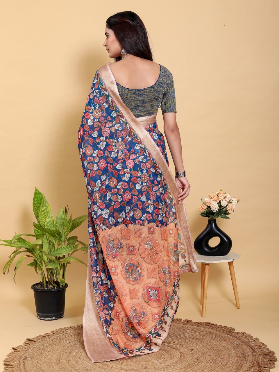 Artistic Navy & Copper Floral Linen Cotton Saree