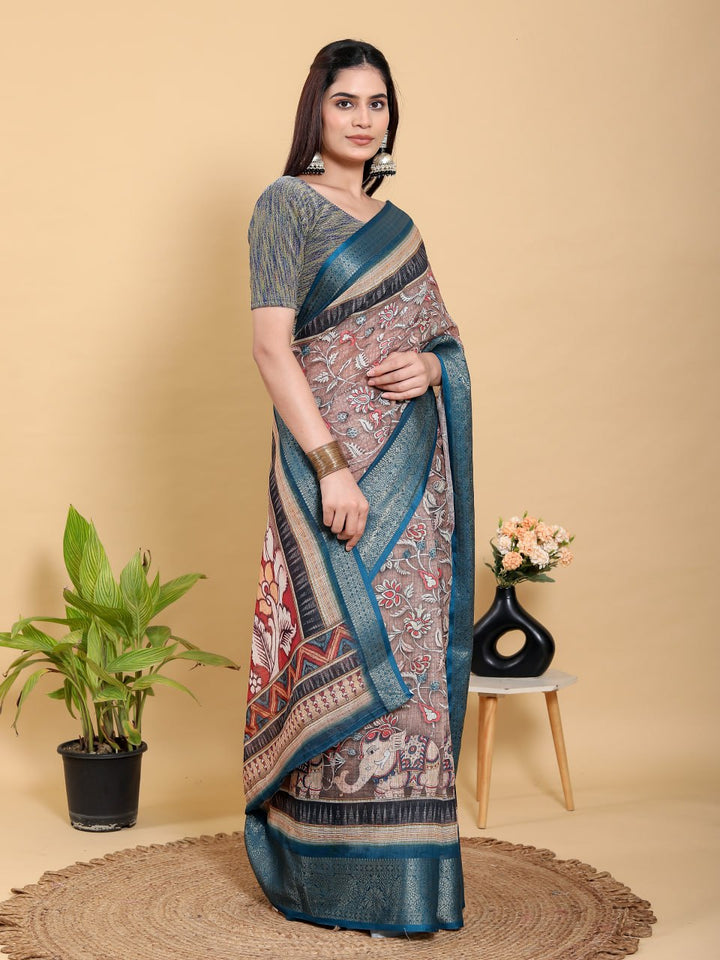Heritage Brown & Teal Artistic Linen Cotton Saree