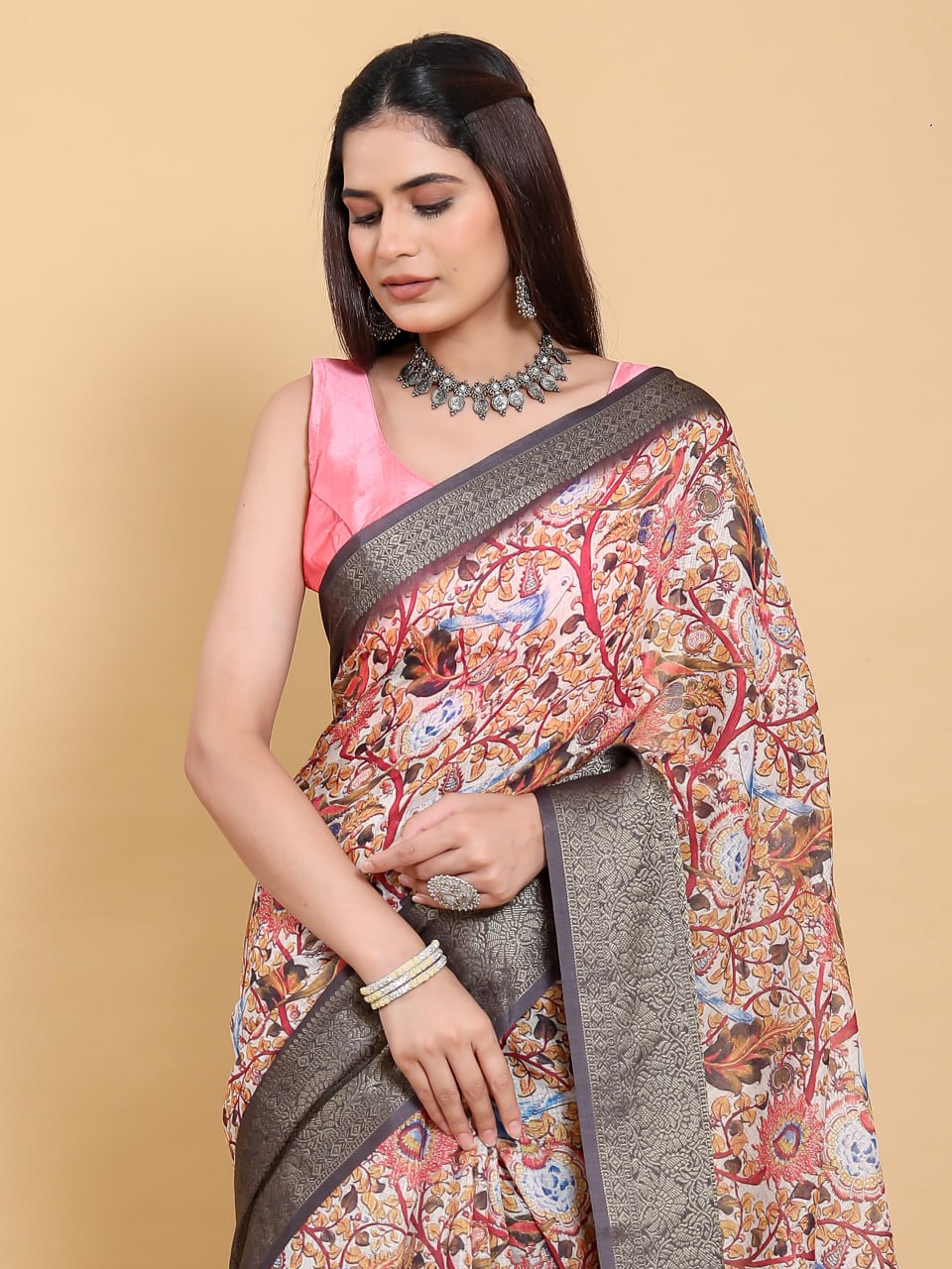 Artistic Pink Multi-Print Linen Cotton Saree