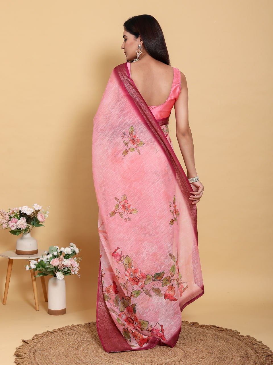 Sunset Pink Abstract Floral Print Linen Cotton Saree