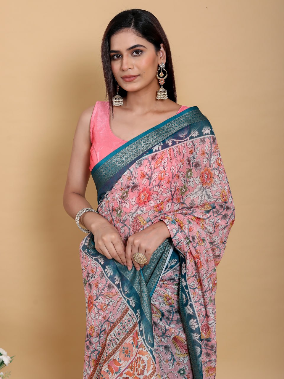 Elegant Rose Pink Floral Print Linen Cotton Saree