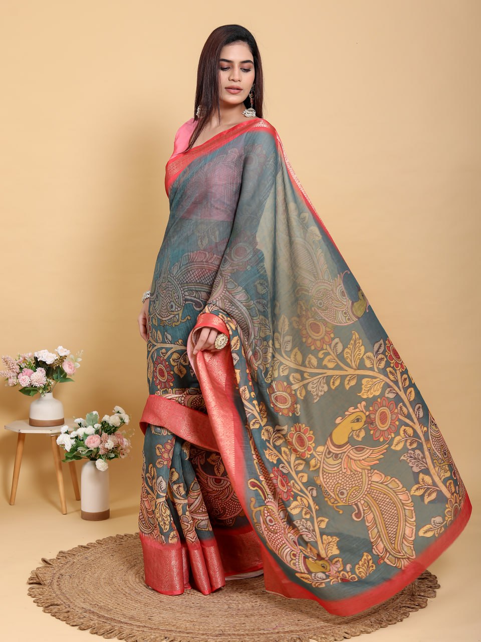 Elegant Peacock & Floral Kalamkari Design Linen Cotton Saree