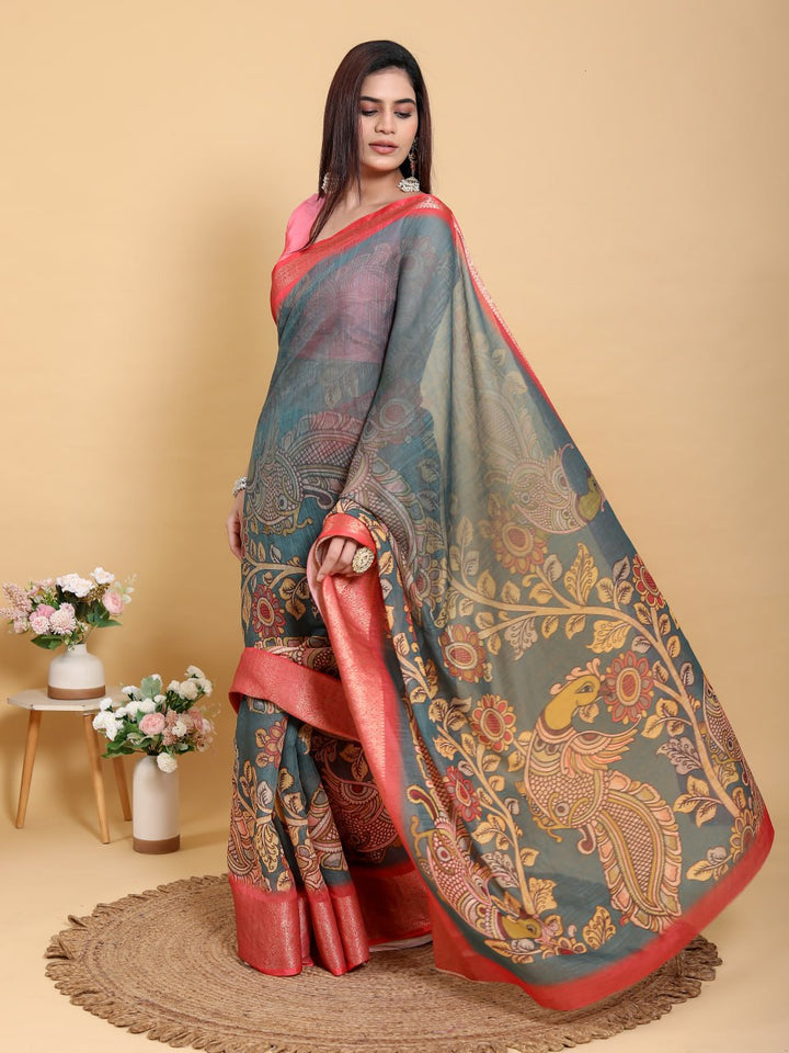 Elegant Peacock & Floral Kalamkari Design Linen Cotton Saree