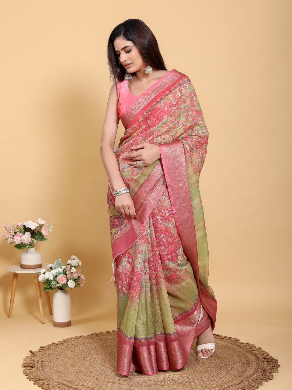 Elegant Pink-Green Jacquard Linen Cotton Saree