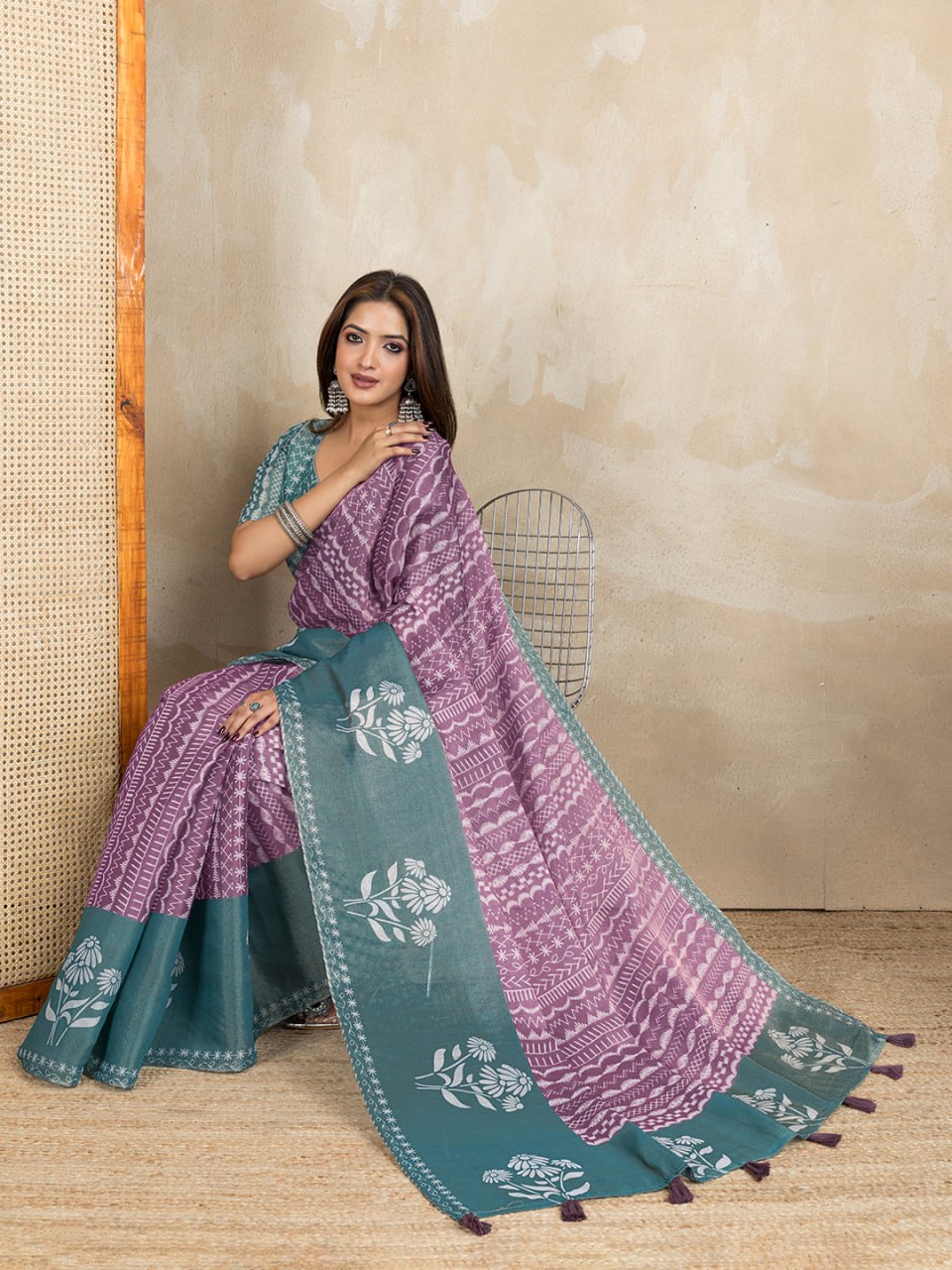 Graceful Purple & Teal Printed Silk Saree