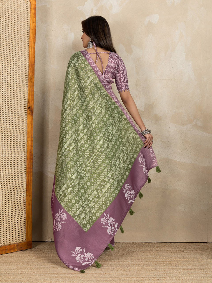 Mauve & Green Dual-Tone Printed Erode Anmol Silk Saree