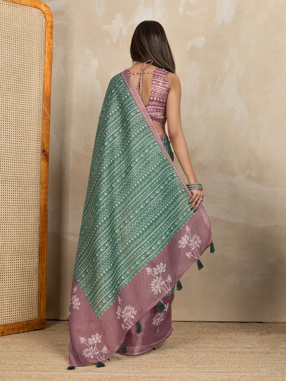 Green & Mauve Dual-Tone Printed Erode Anmol Silk Saree