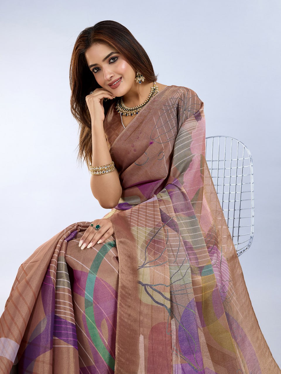 Brown Abstract Printed Saree