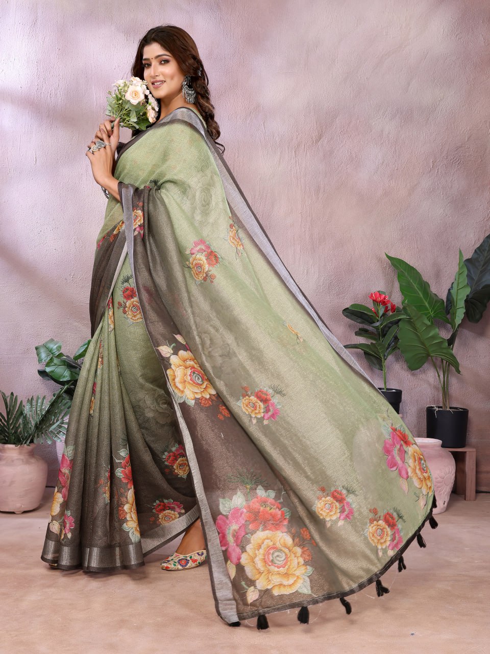 Olive Green & Black Floral Printed Saree