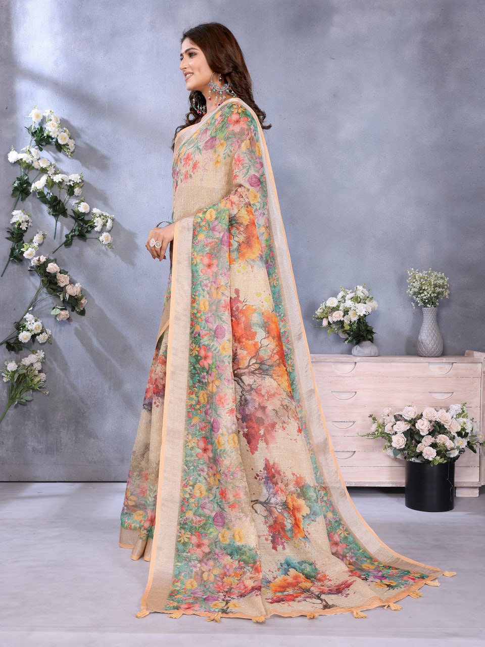 Beige Multicolor Floral Printed Saree