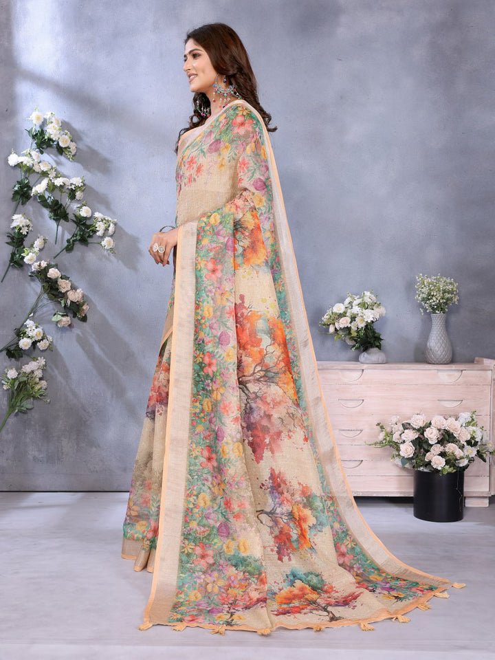 Beige Multicolor Floral Printed Saree
