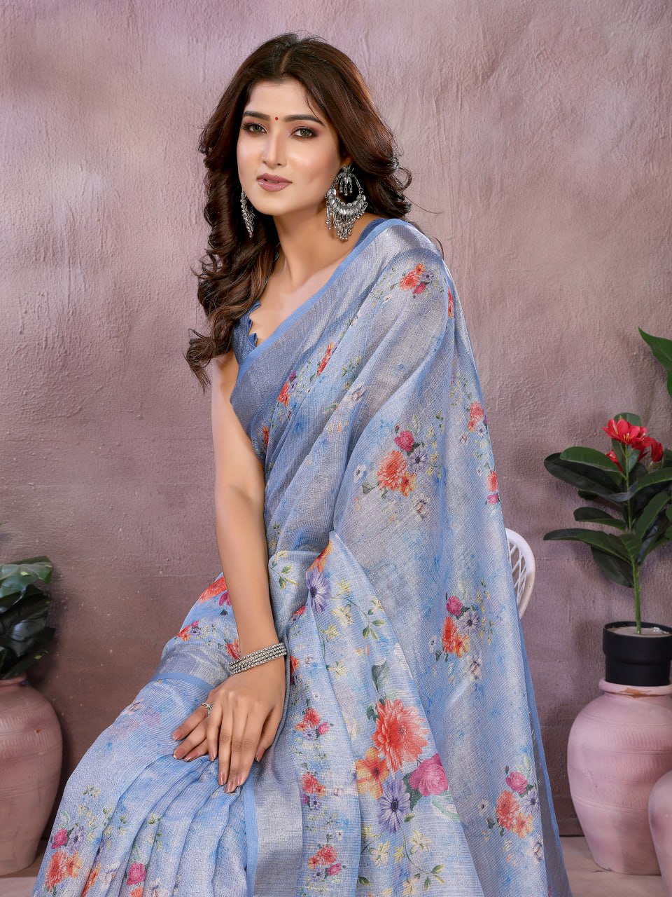 Sky Blue Floral Printed Saree