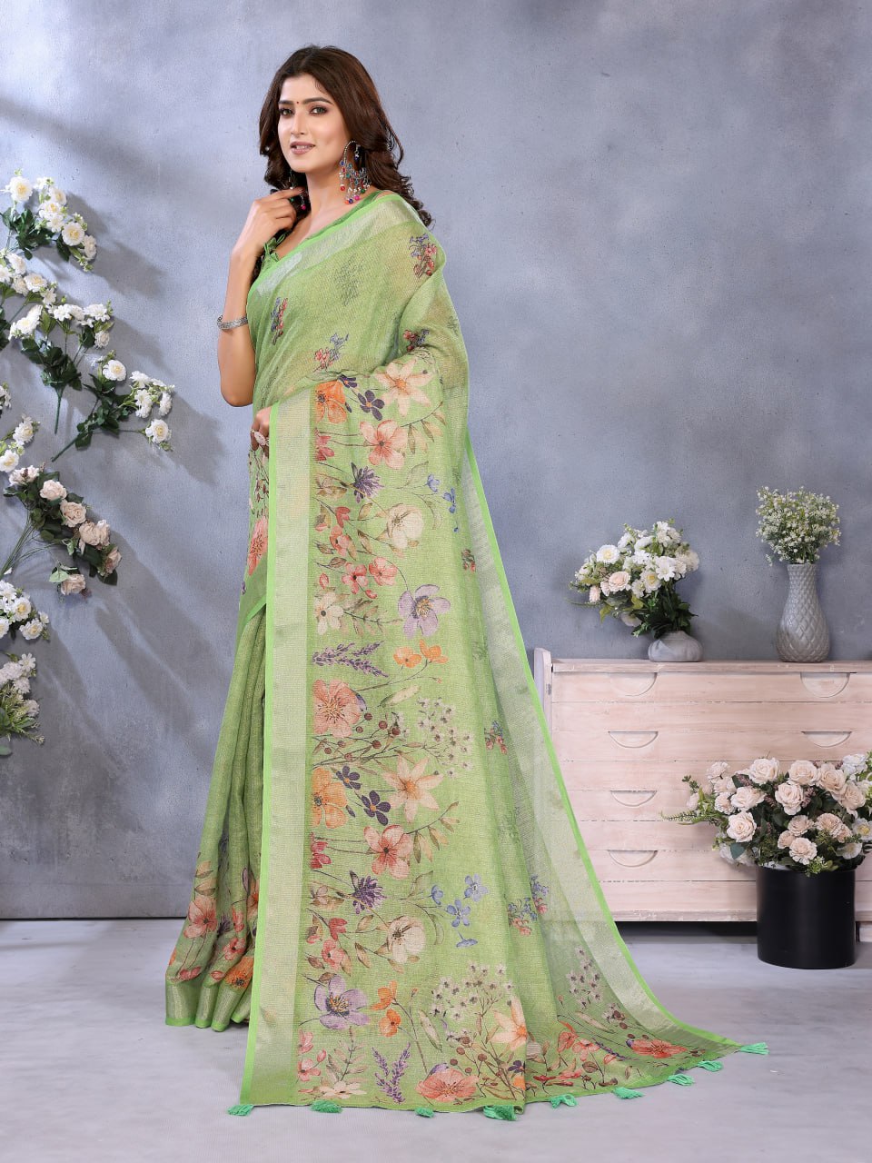Lime Green Floral Printed Saree