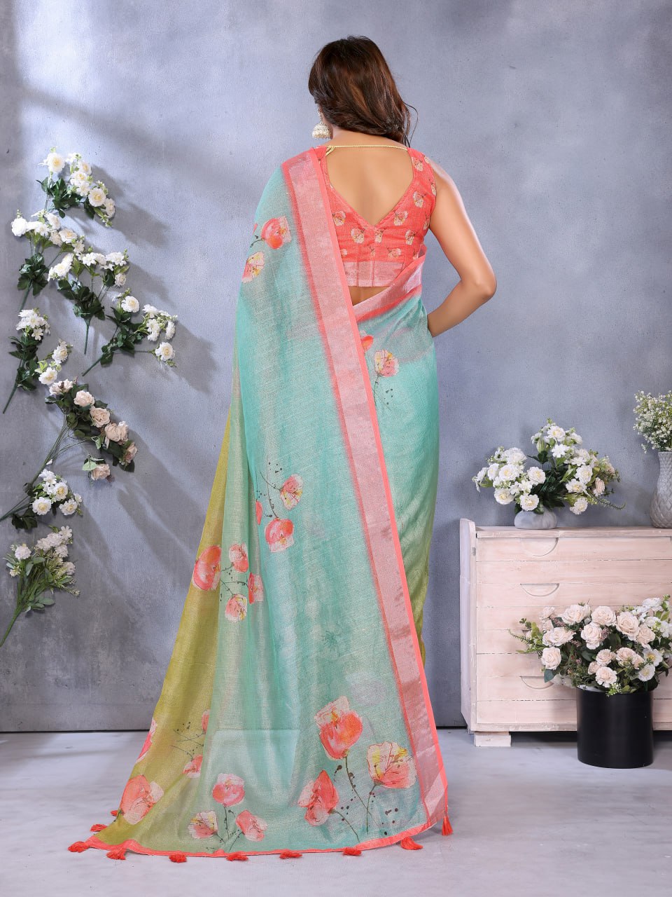 Green & Aqua Floral Print Linen Shimmer Saree