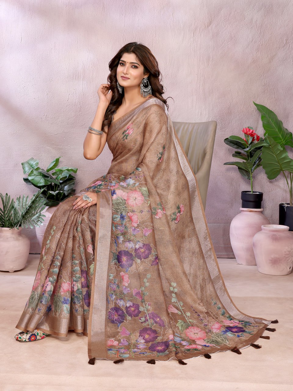 Coffee Brown Floral Linen Shimmer Saree