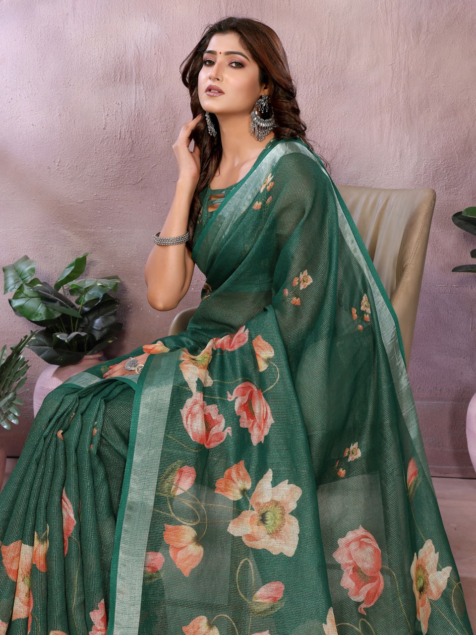 Green Floral Linen Shimmer Saree