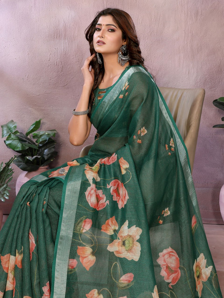 Green Floral Linen Shimmer Saree