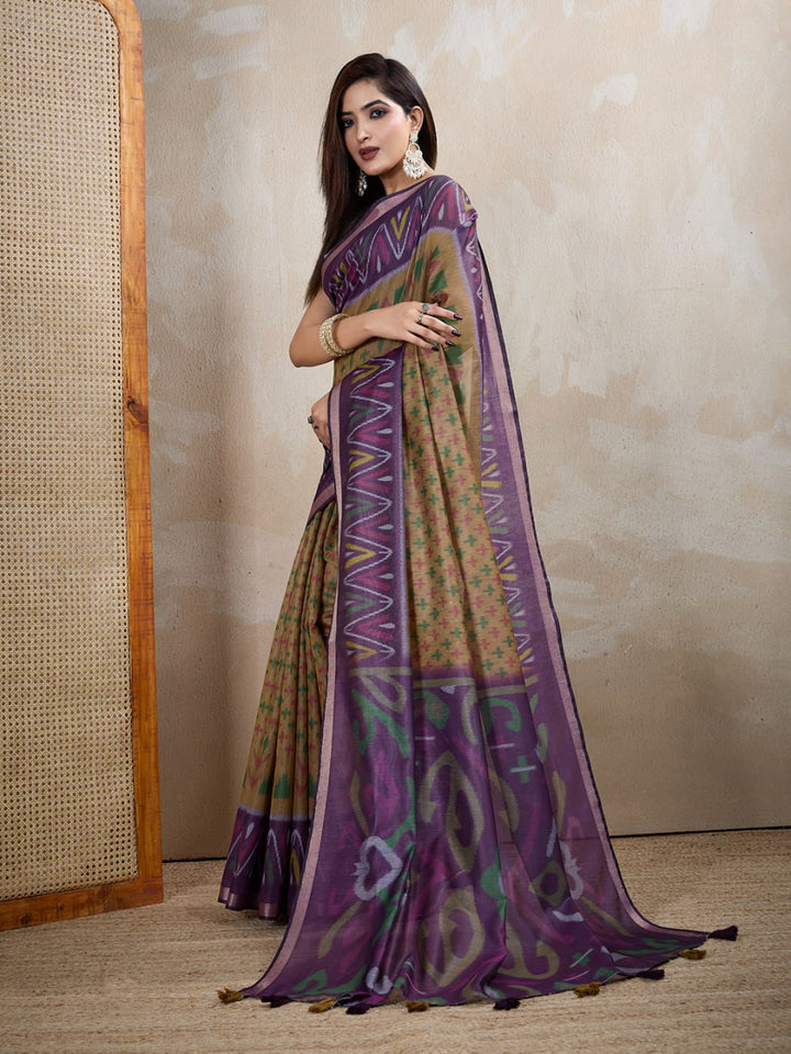 Olive & Purple Ikat Printed Chanderi Saree